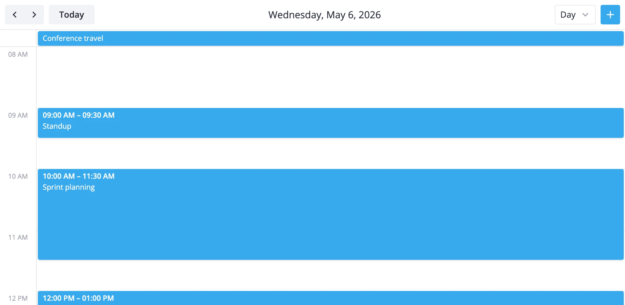 day view showing the multiday bar on top and the hourly time grid below with a few events