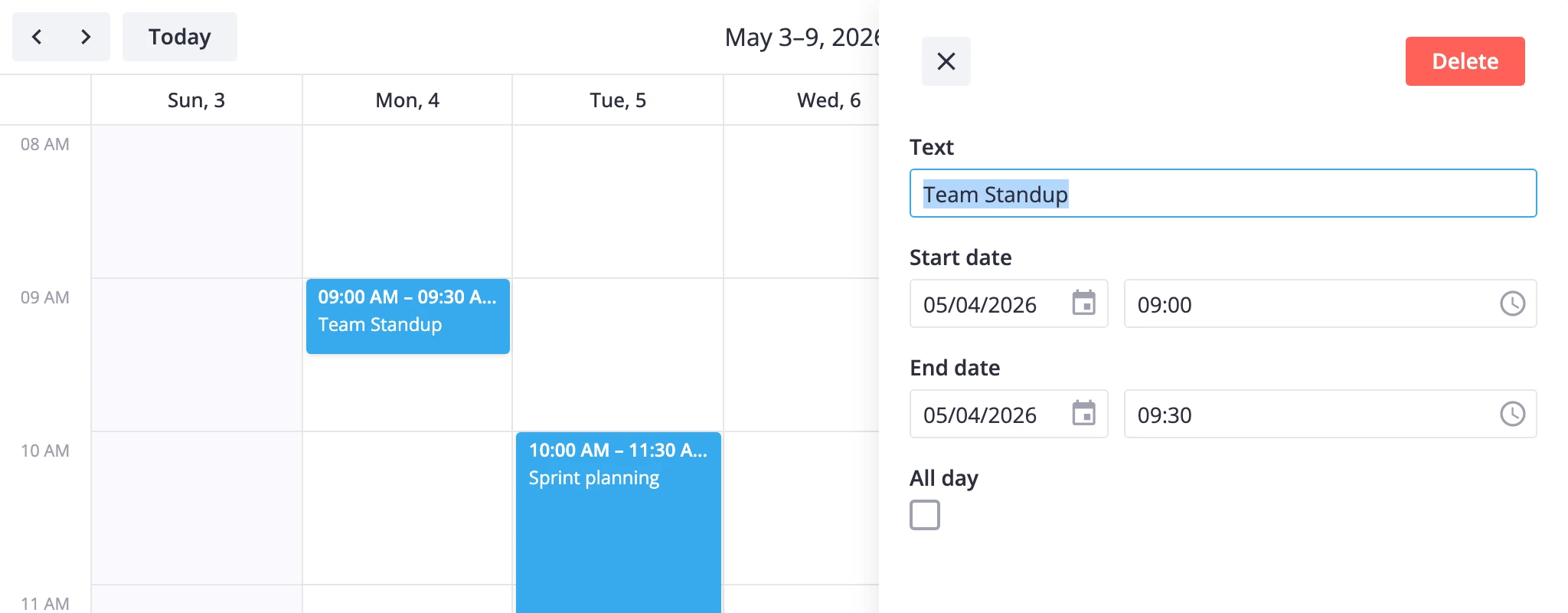 minimal calendar widget rendered with the default day, week, and month views and a sample event