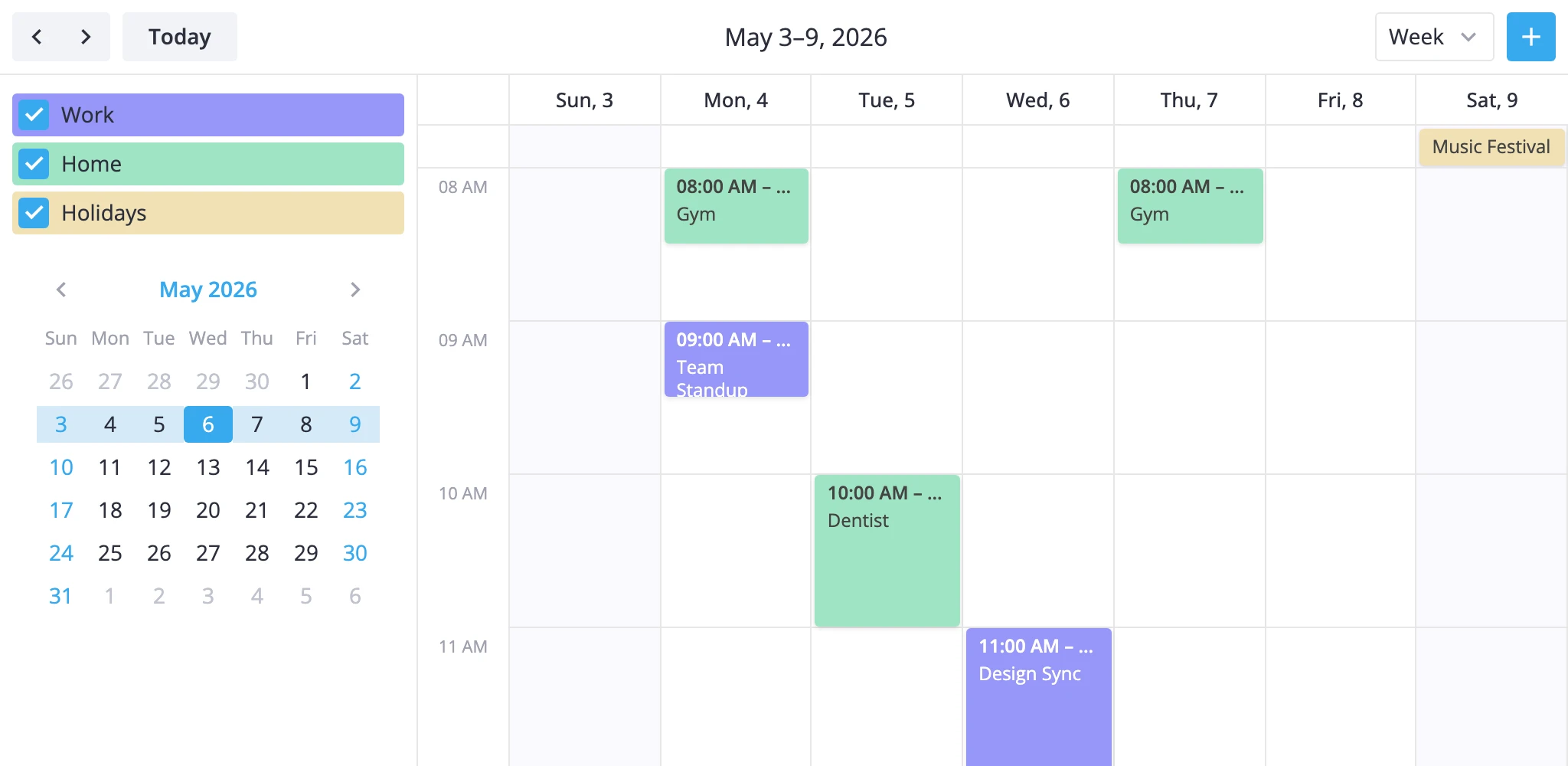 calendar with the CalendarPanel sidebar showing checkboxes for work, home, and holiday groups filtering the visible events