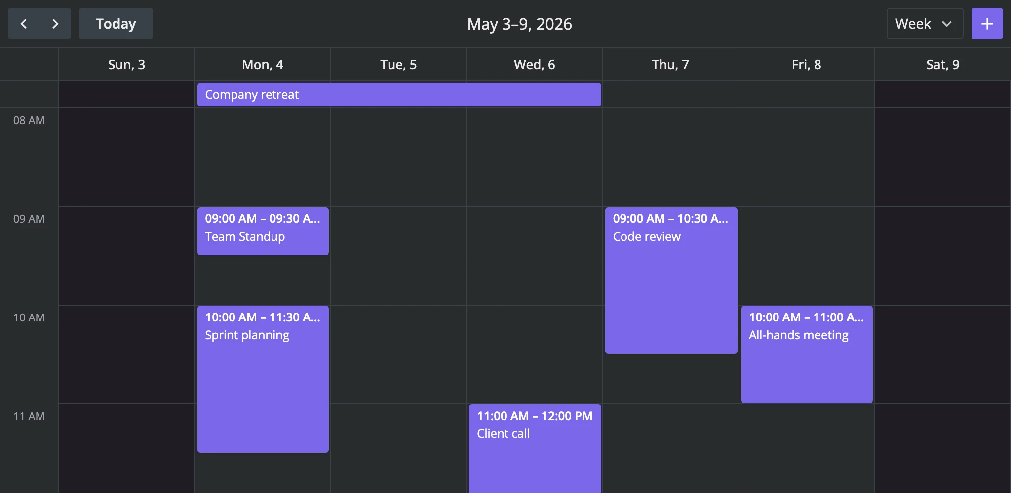 calendar rendered inside the WillowDark theme with dark backgrounds and high-contrast event colors