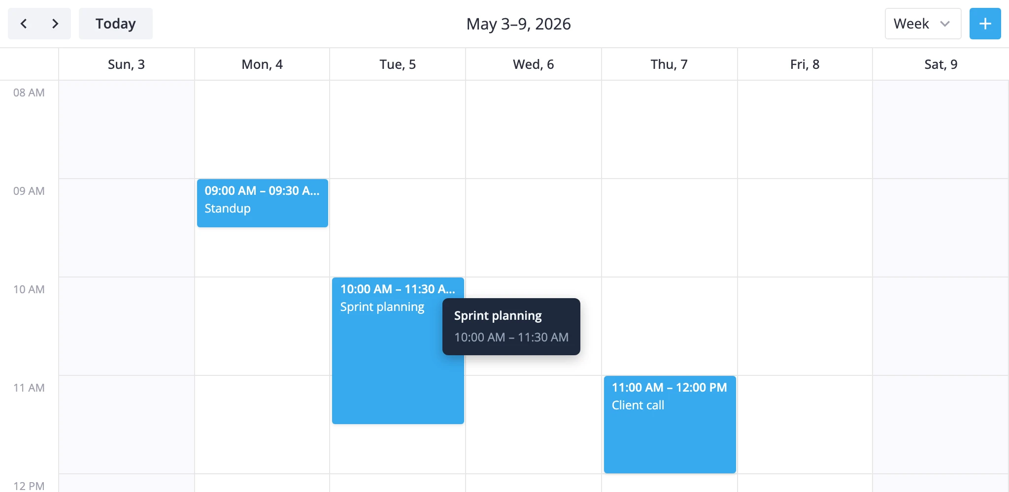 hover tooltip floating above an event with the event title and time range