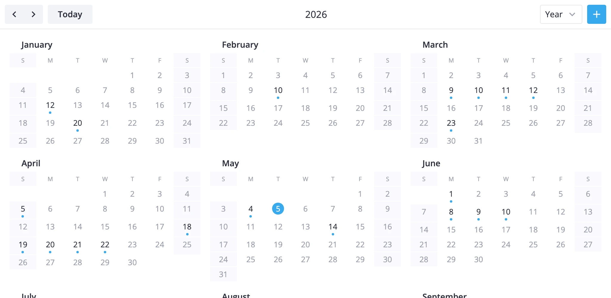 year view with twelve mini-month grids in a 3 by 4 block and dot markers on busy days