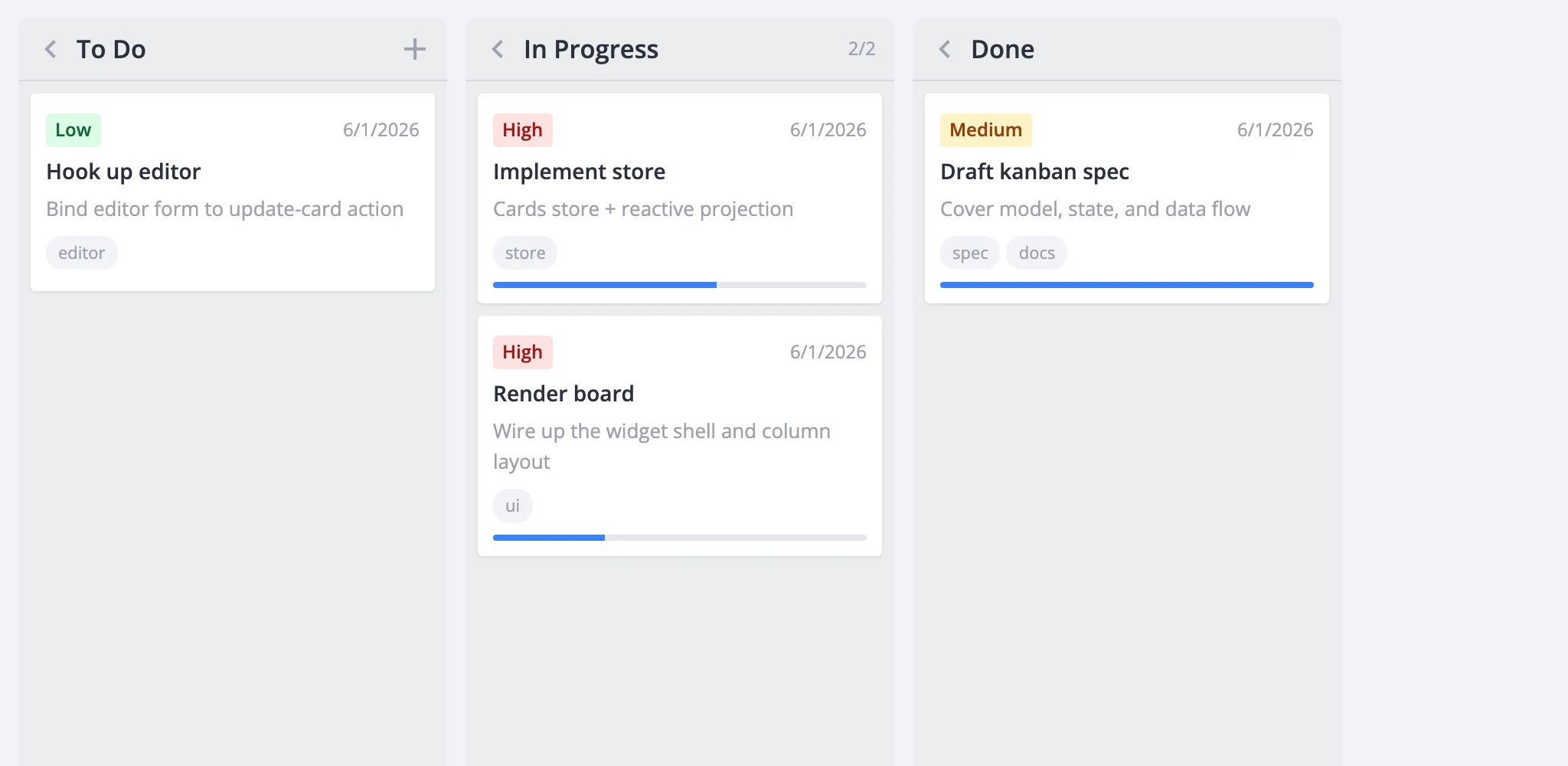 Basic kanban board with three columns and two cards