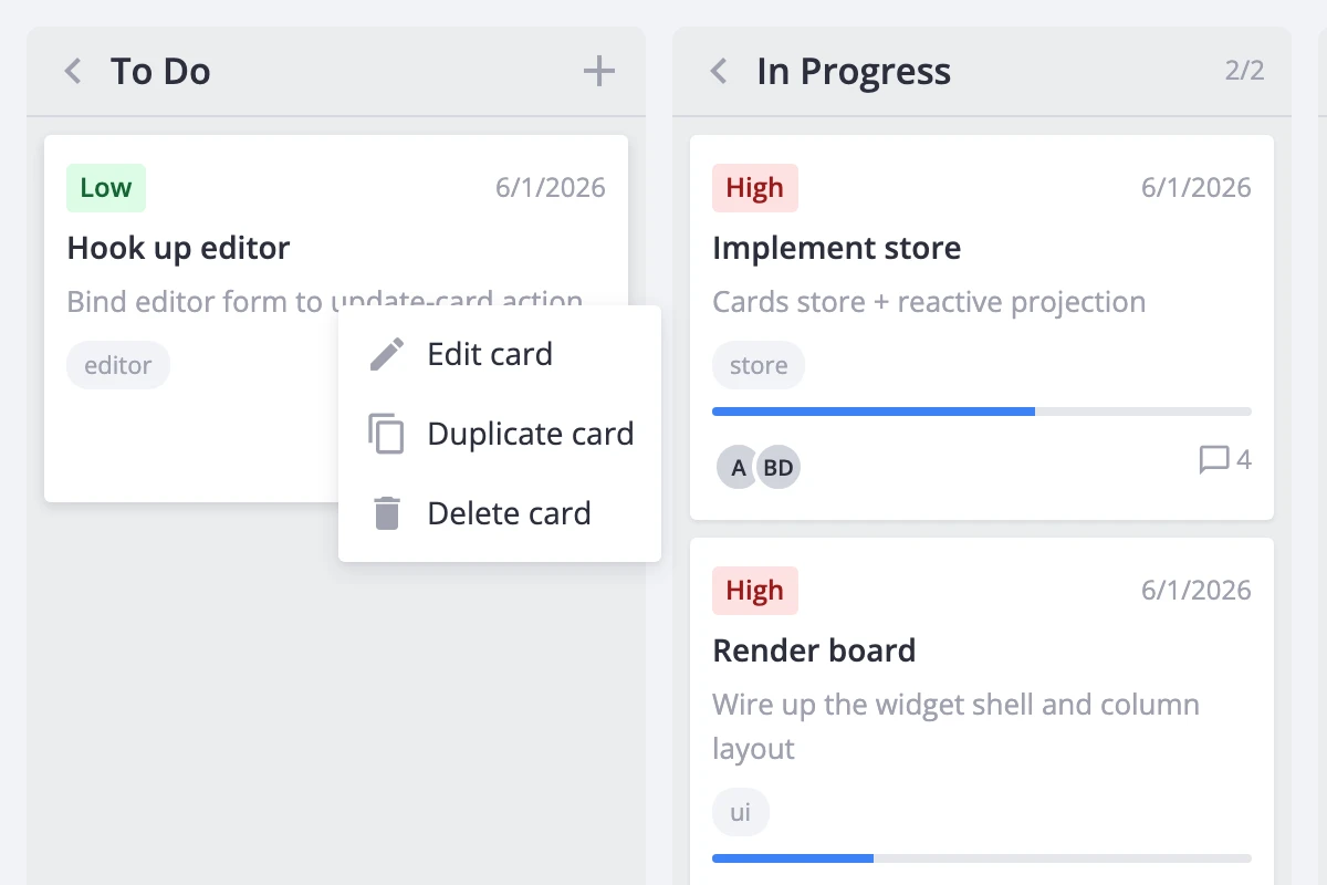 Board with right-click context menu open on a card showing Edit, Duplicate, and Delete options
