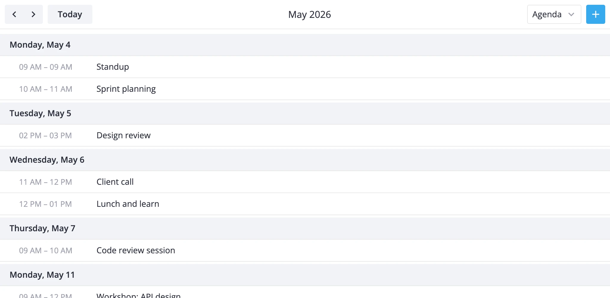 agenda view as a chronological list of events grouped by day with time ranges and titles