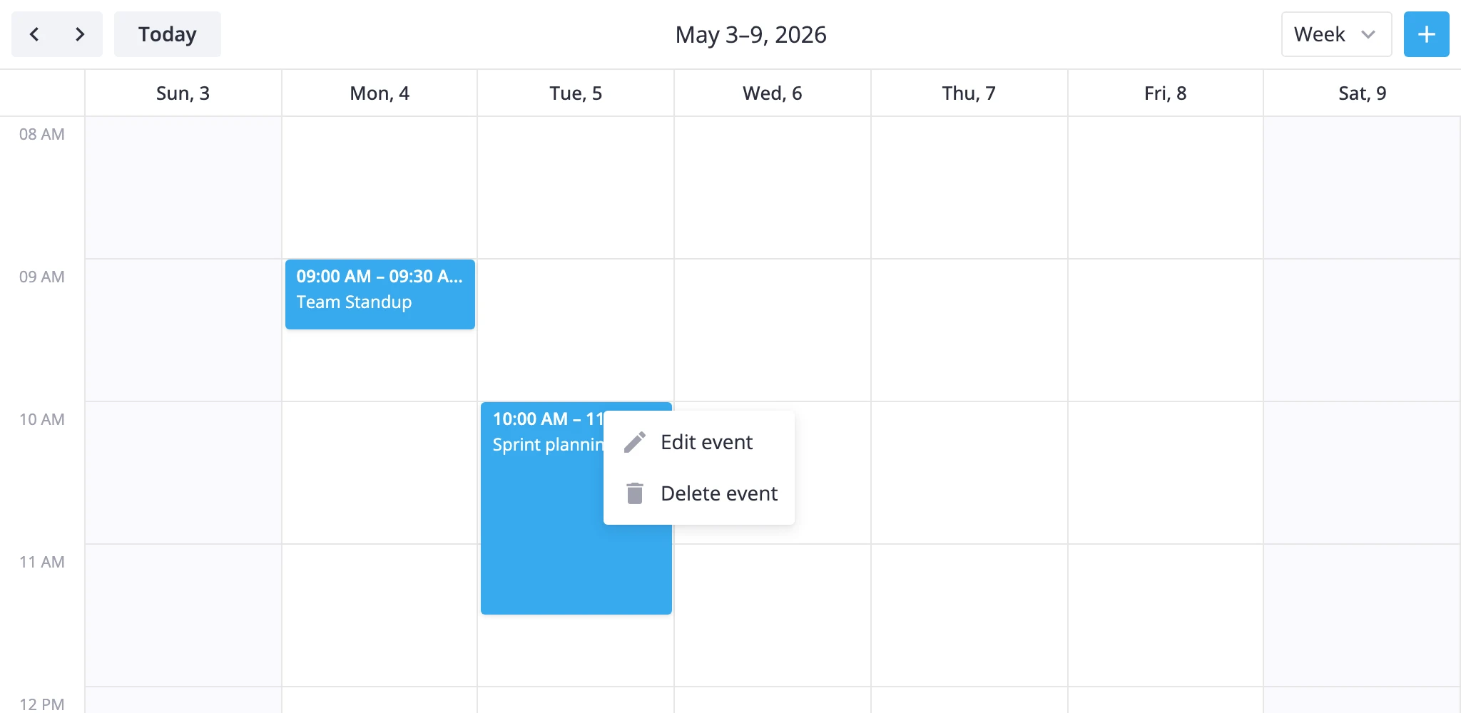 right-click context menu open over a calendar event with edit and delete entries