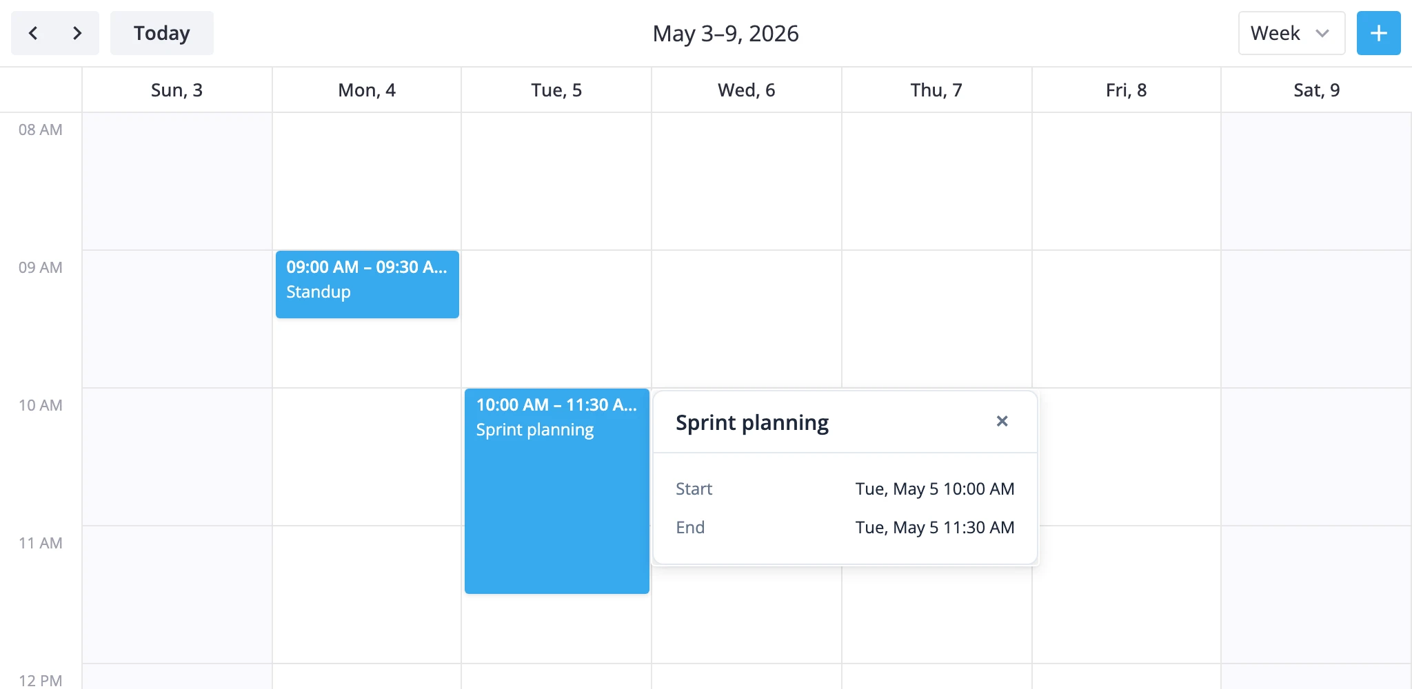 custom event card popup anchored to a clicked event with title, time range, and a close button