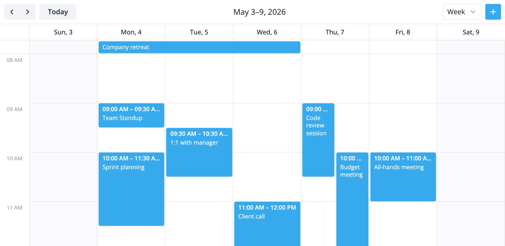 full calendar widget overview showing the toolbar on top and a populated week view below