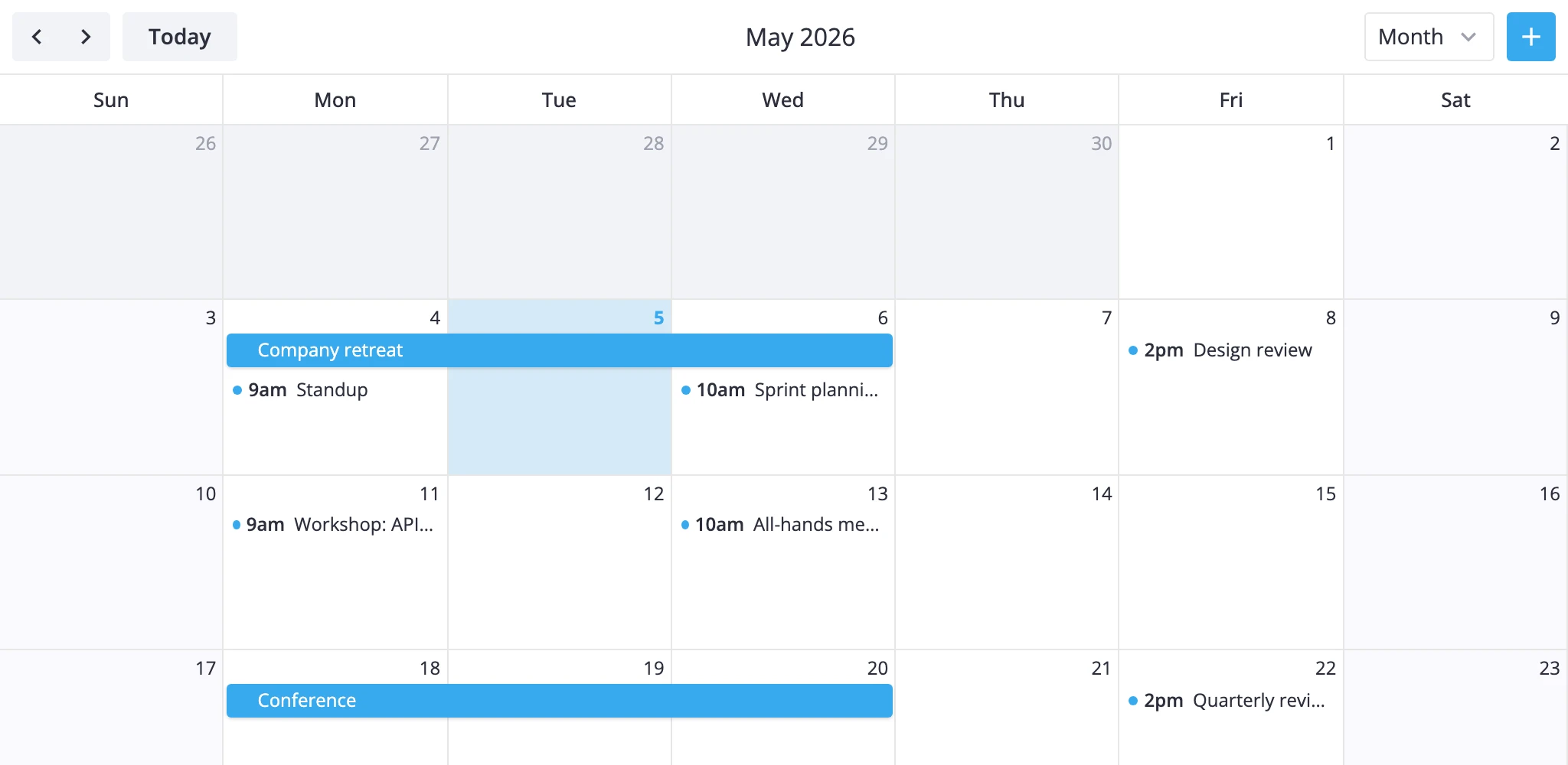 month view with weeks as rows and events shown as bars inside day cells