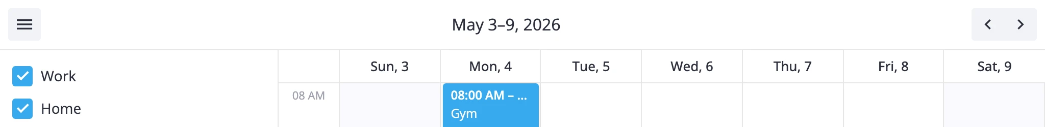 toolbar with a hamburger menu button on the left and the calendar sidebar panel open beside the grid