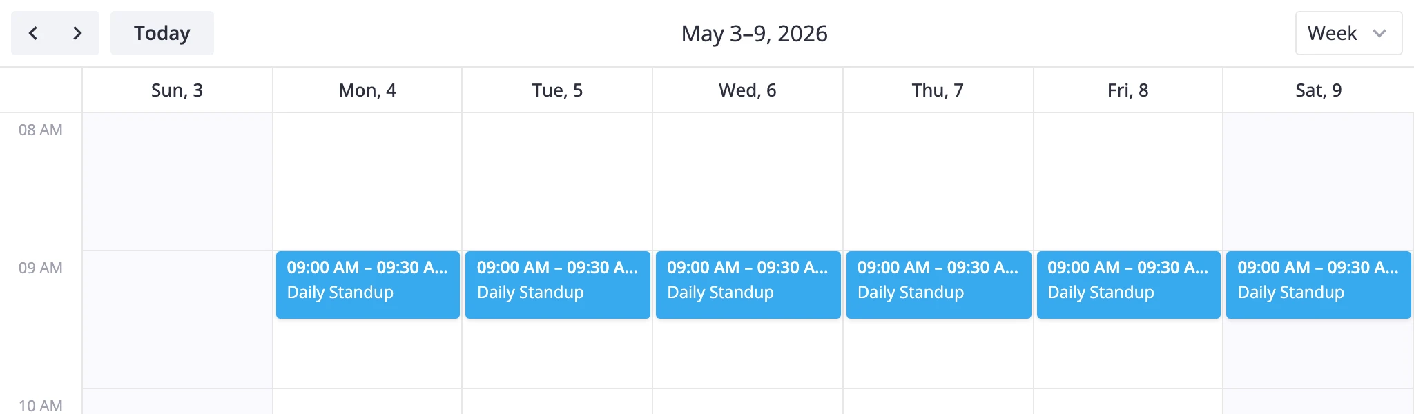 week view showing a daily standup repeating Monday through Friday and a weekly review on Wednesday