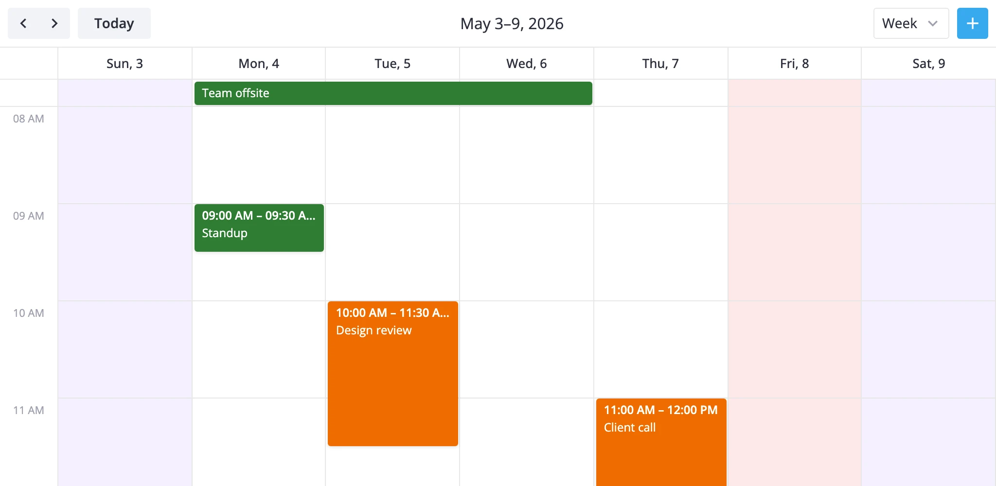 time grid with weekend columns shaded purple, a Friday holiday tint, and the noon lunch hour highlighted yellow