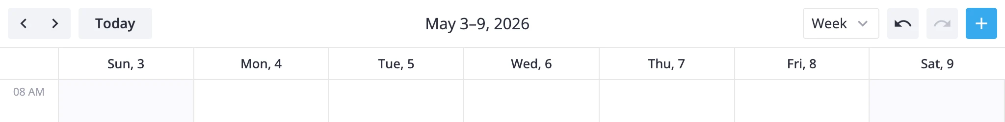 calendar toolbar with the undo and redo buttons next to the add-event button