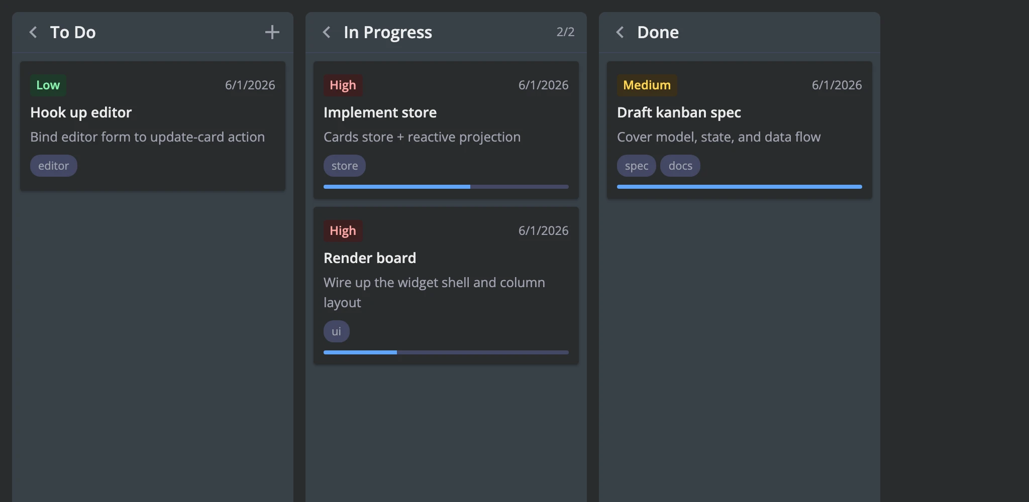 Kanban board in WillowDark theme