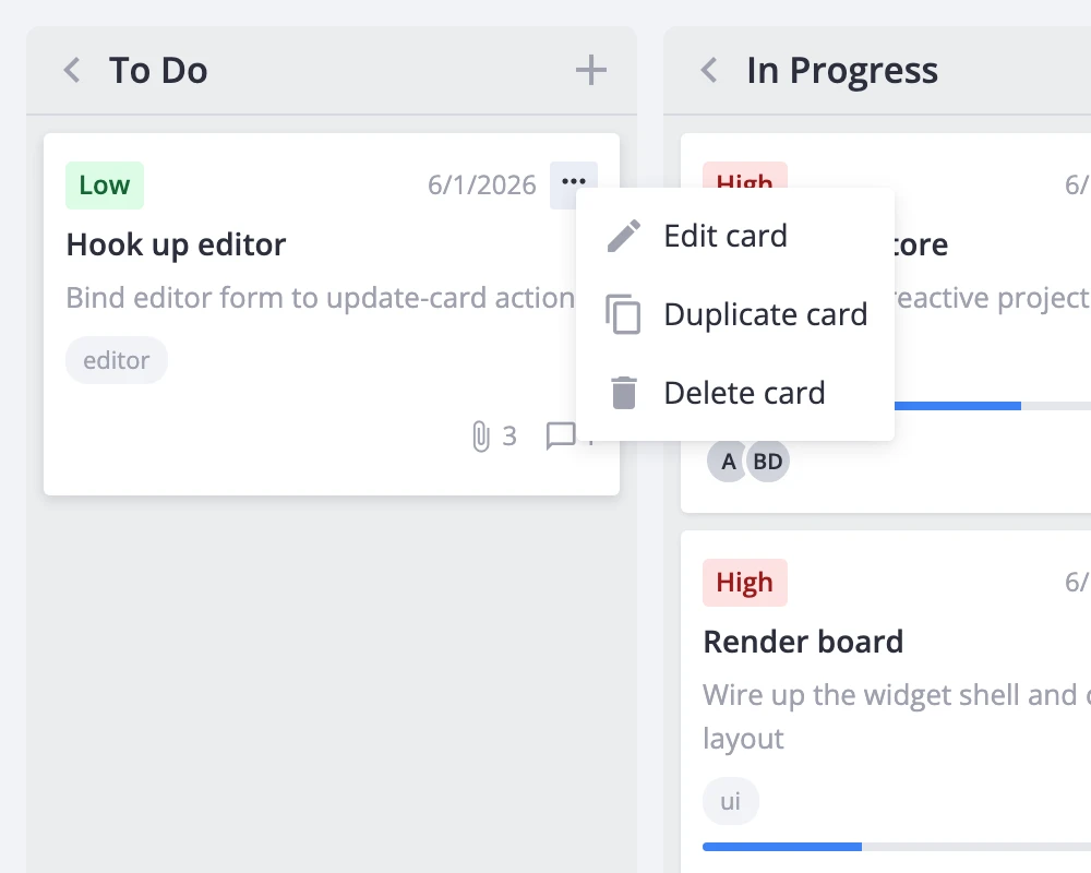 Card with three-dot menu button open showing Edit, Duplicate, and Delete options