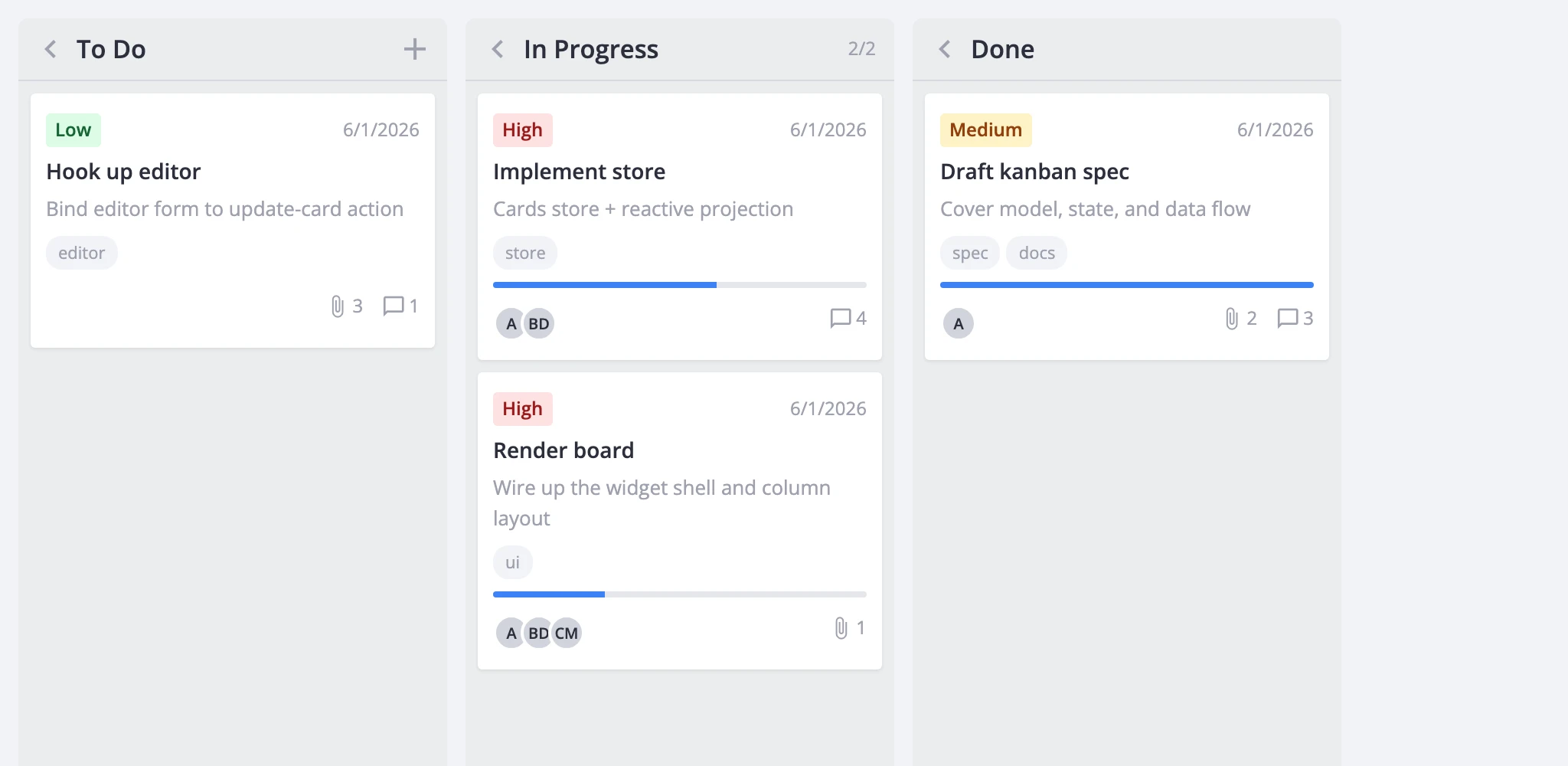 Full-featured kanban board with cards showing priority badges, tags, progress bars, user avatars, and deadlines