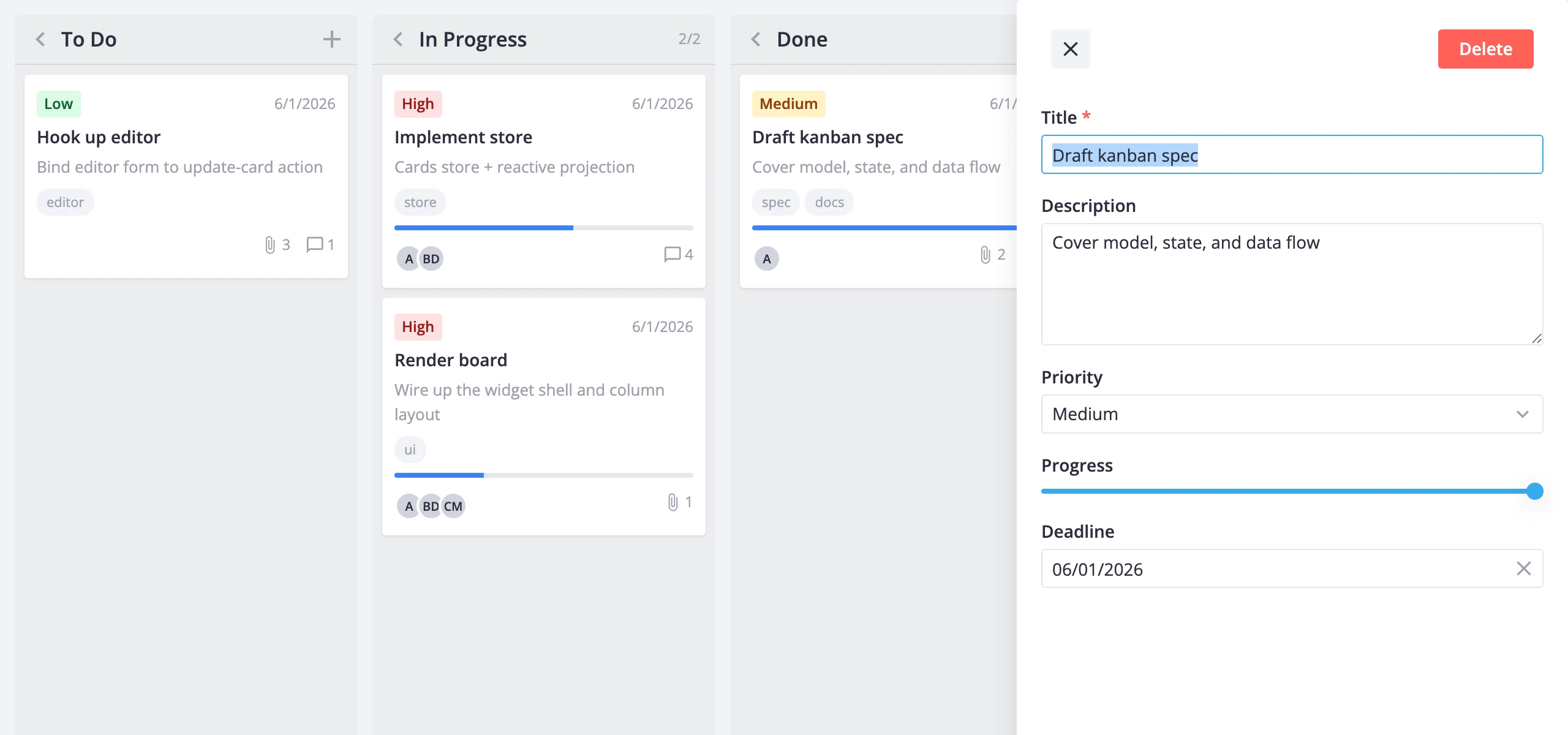 Kanban board with sidebar editor open showing card fields