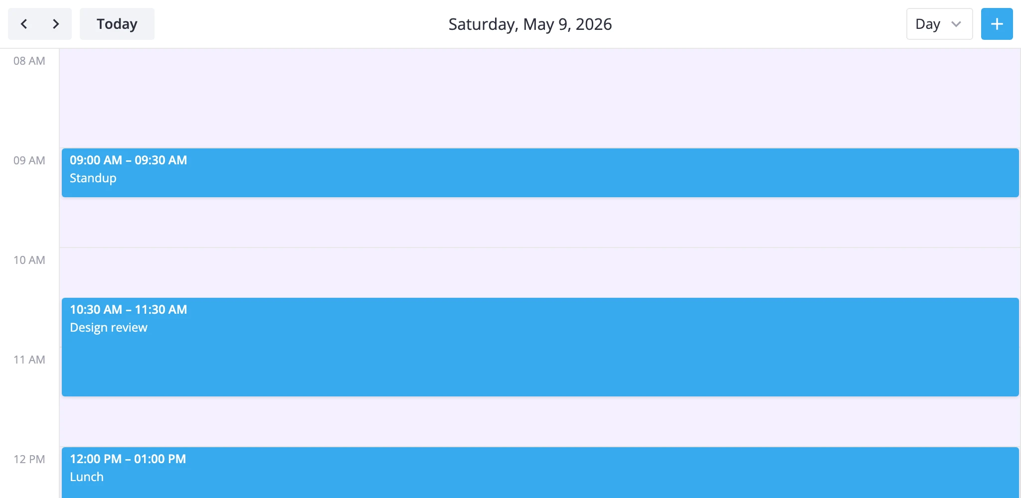 day grid with weekend column tinted purple and the noon hour row highlighted as lunch