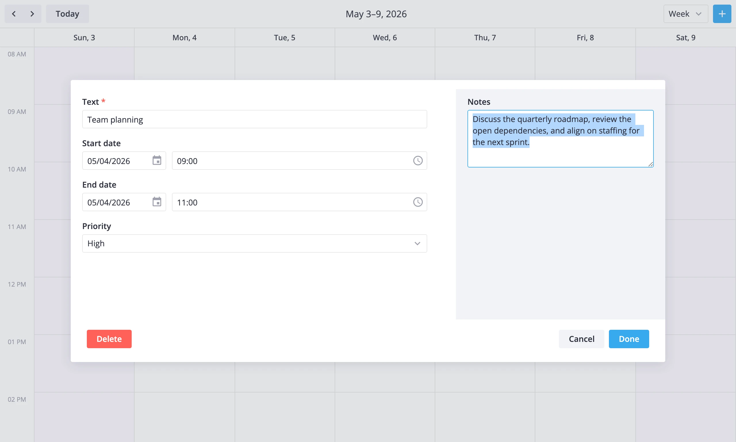 editor opened as a centered modal dialog with a two-column layout for short fields on one side and richer components on the other