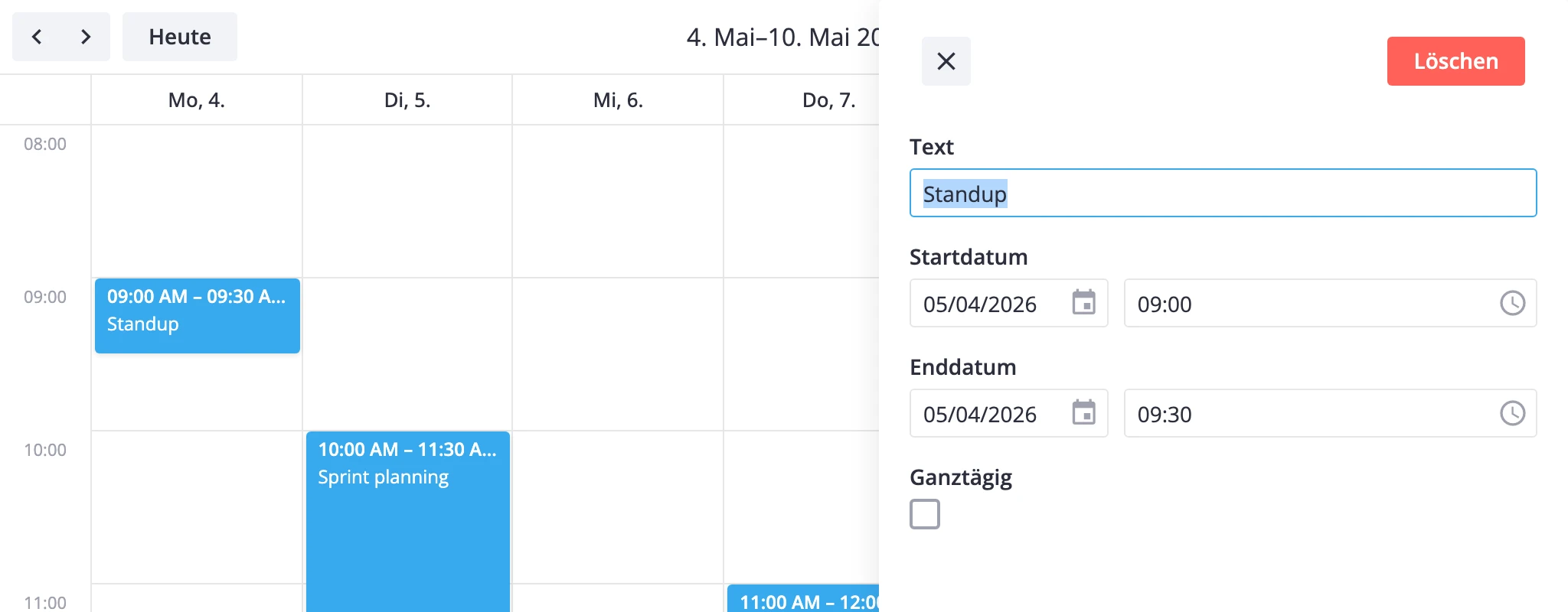 calendar rendered with German UI labels in the toolbar, weekday headers, and editor fields
