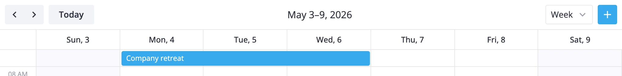 default calendar toolbar with date arrows, today button, centered date label, view switcher dropdown, and add-event button