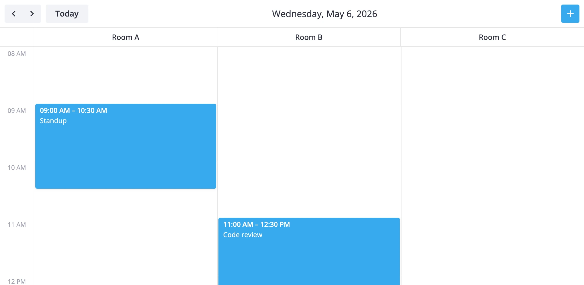 resources view with named rooms as columns and timed events plotted on a vertical hourly grid