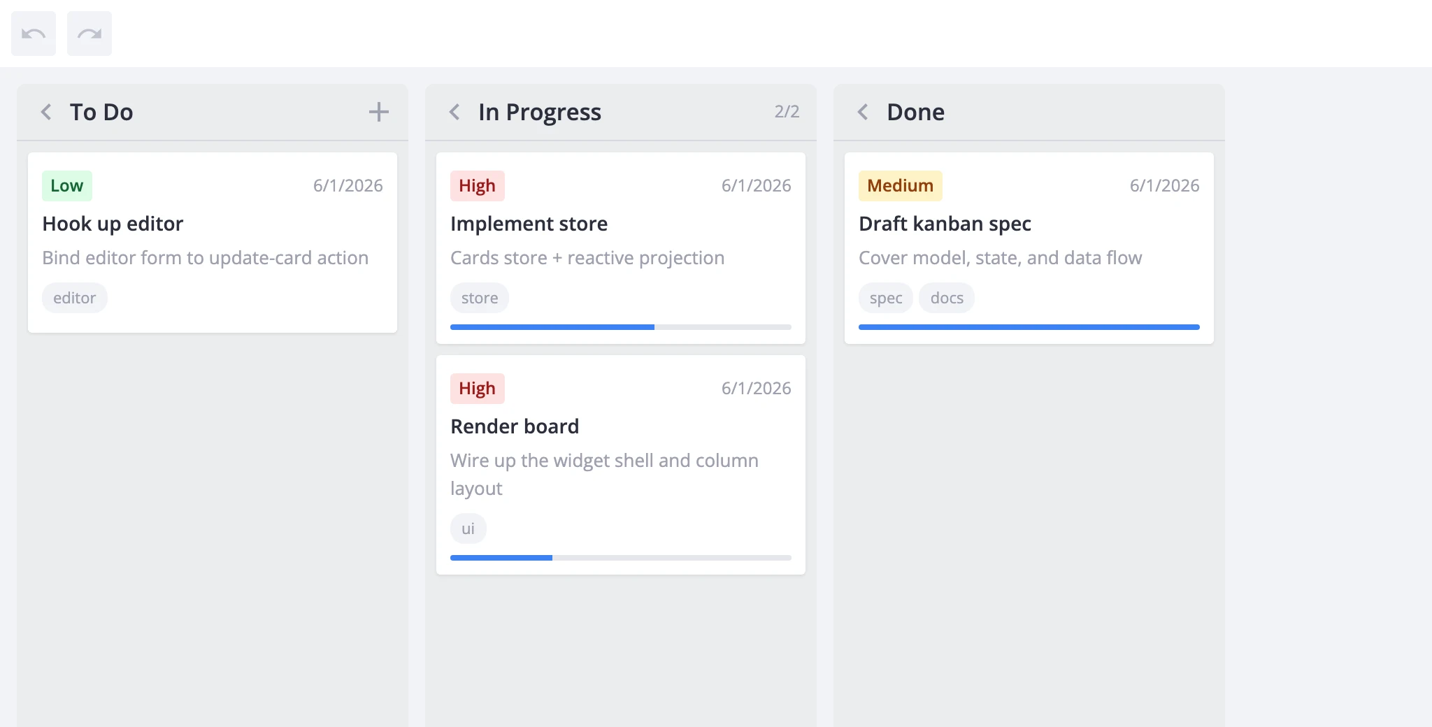 Toolbar with undo and redo buttons next to the kanban board