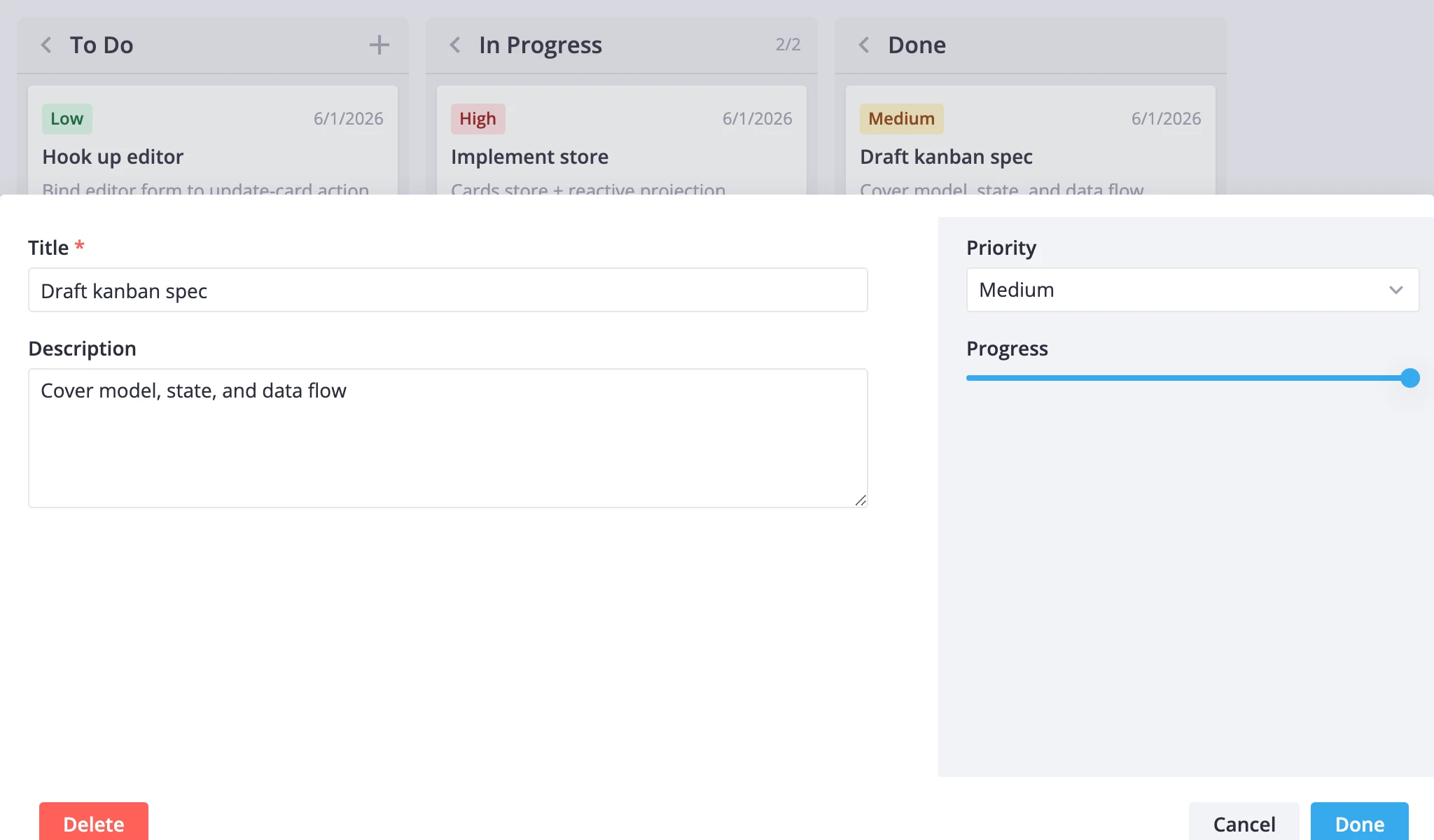 Modal editor in two-column layout with Save and Cancel buttons in the bottom bar