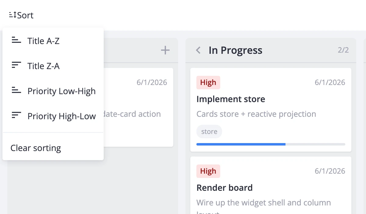 Toolbar with sort dropdown menu open showing label and priority sort options