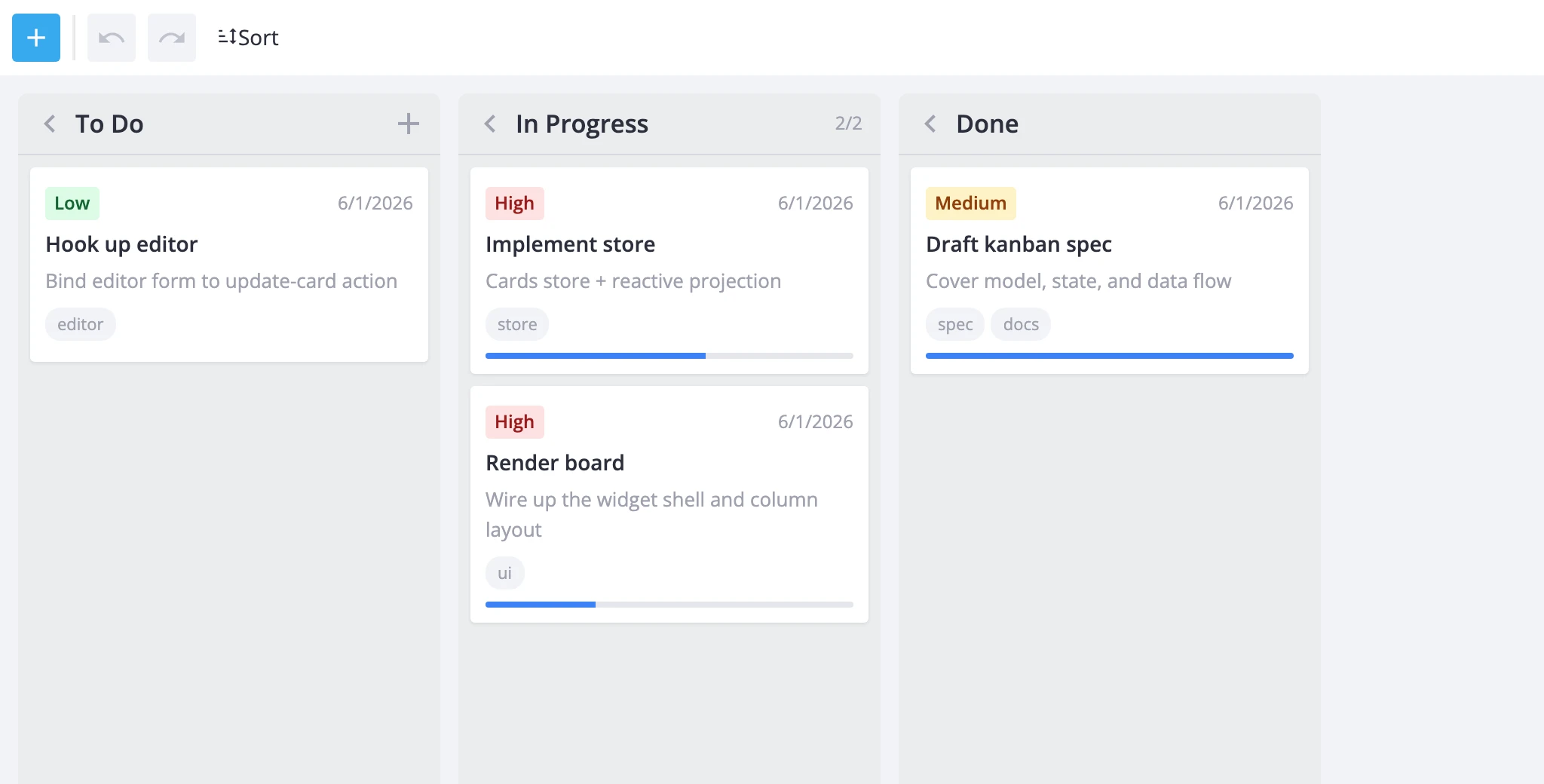 Toolbar showing add-card button, undo-redo buttons, and sort dropdown