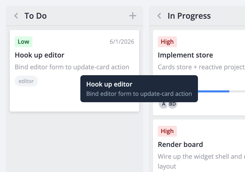 Card with hover tooltip showing title and description preview